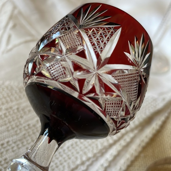 Vintage mid century set of 3 cut crystal ruby red to clear cordials footed - Picture 8 of 9